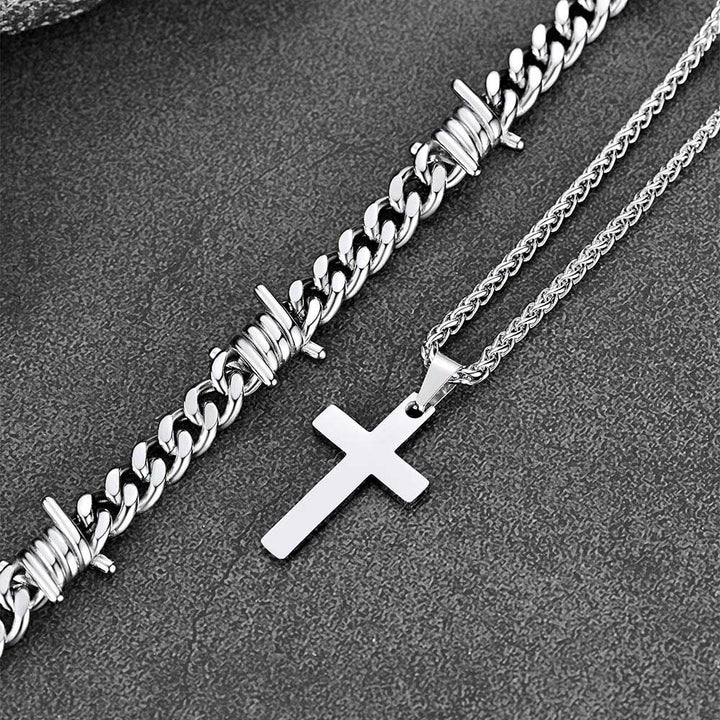 Barbed Wire Cuban Chain & Cross Layered Necklaces Set for Men Women