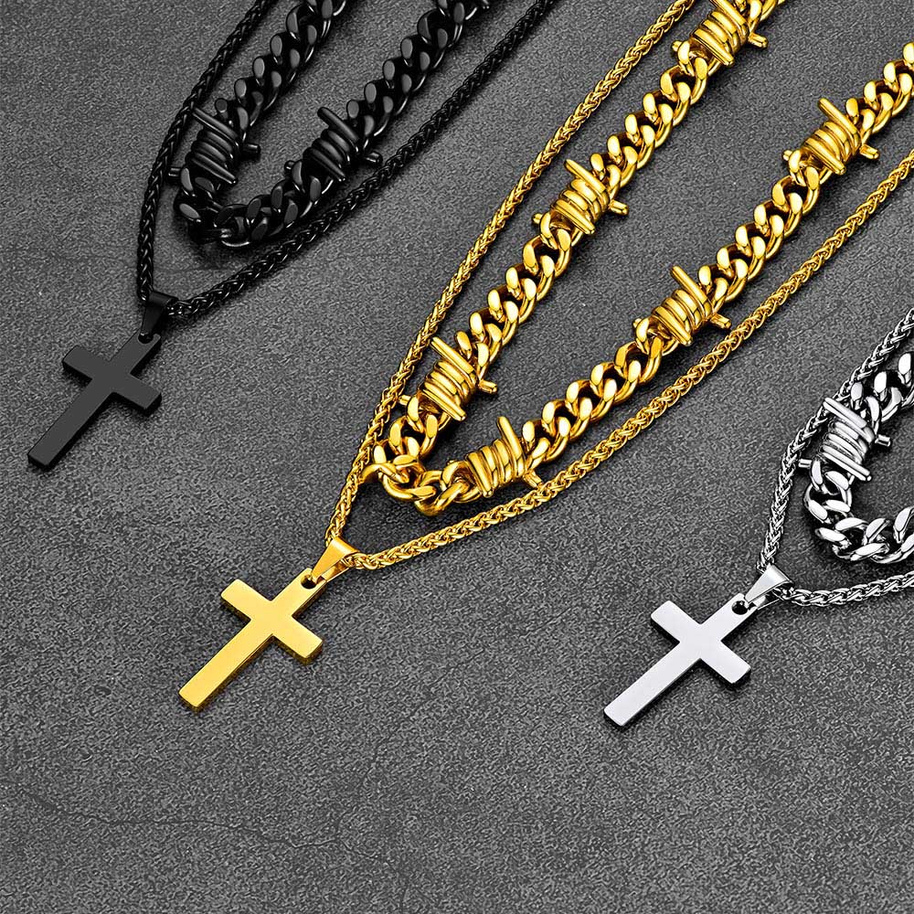 Barbed Wire Cuban Chain & Cross Layered Necklaces Set for Men Women