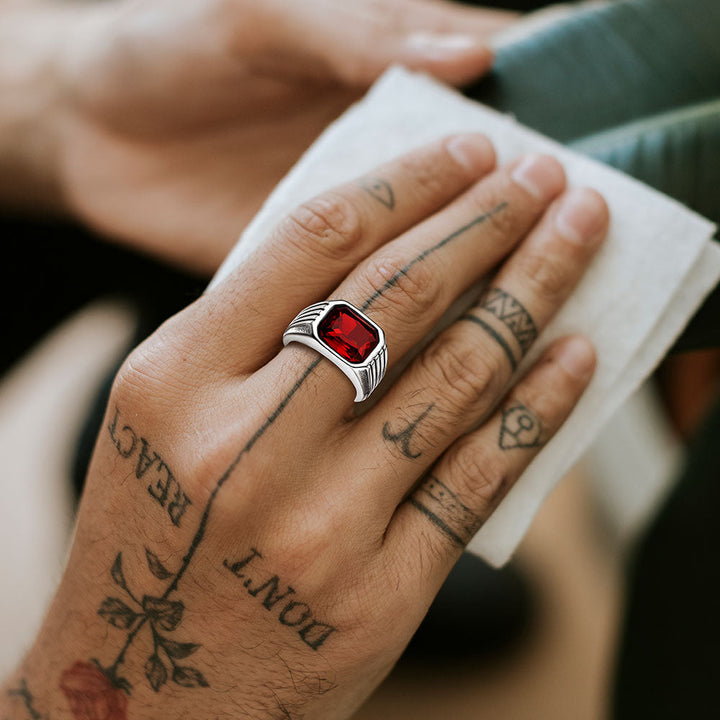 Stainless Steel Striped Stone Ring for Men, Size 7-14