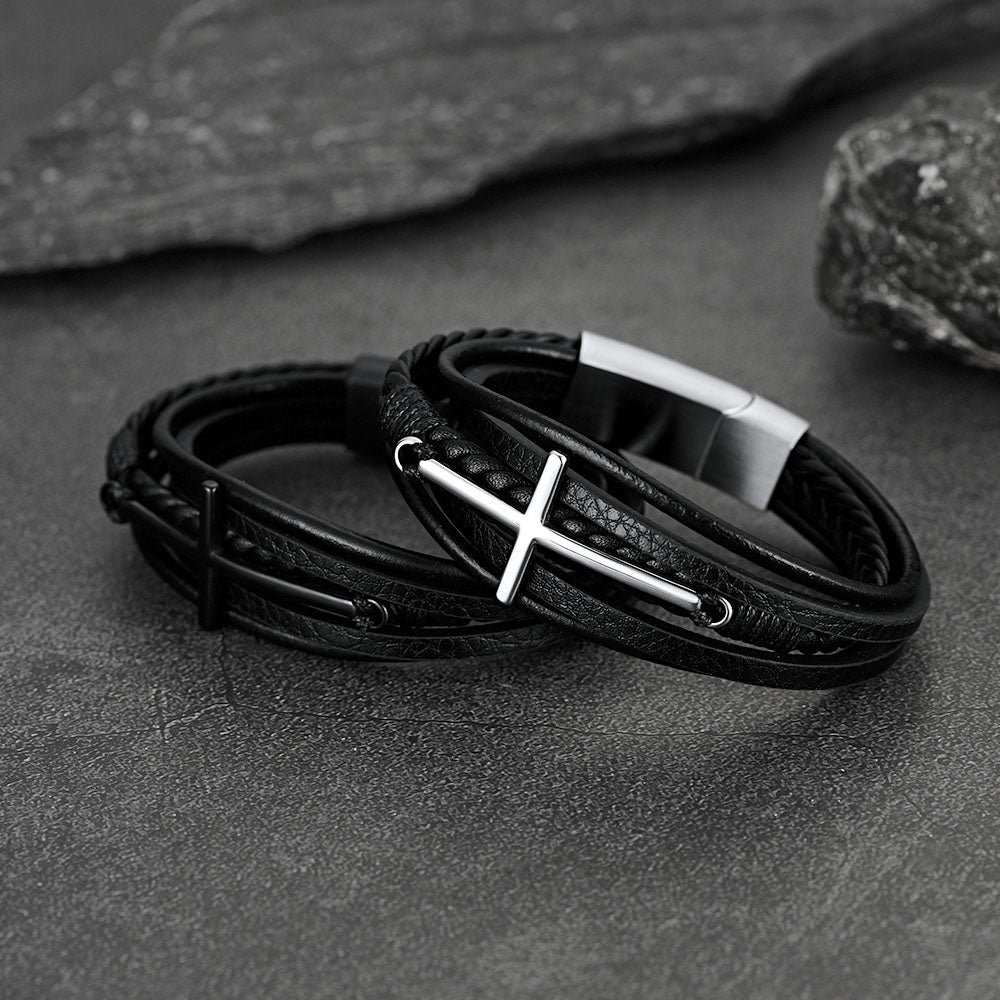 Christian Cross Braided Leather Bracelet Gift for Men