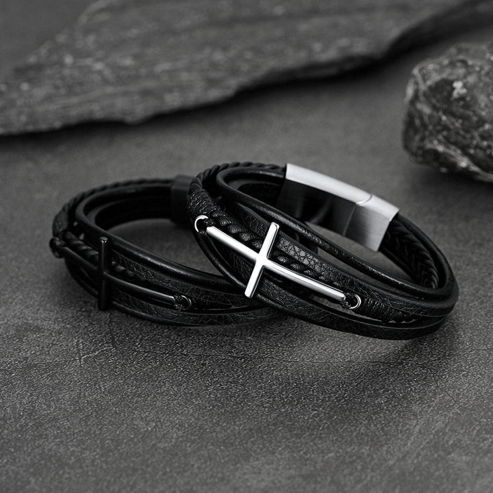 Christian Cross Braided Leather Bracelet Gift for Men