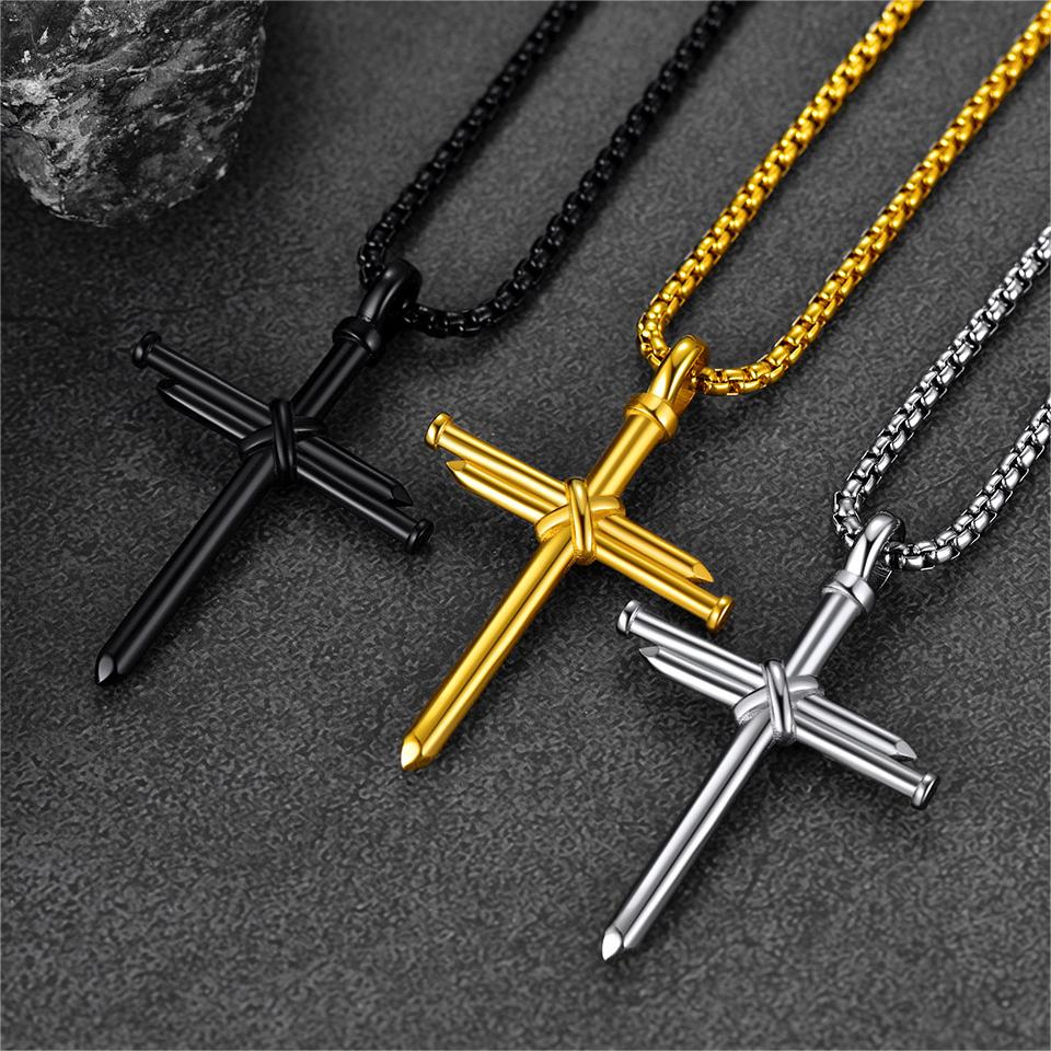 Barbed Wire Cuban Chain & Nail Cross Layered Necklaces Set for Men