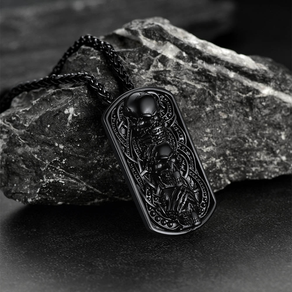 See No Evil, Hear No Evil, Speak No Evil Skulls Dog Tag Necklace for Men