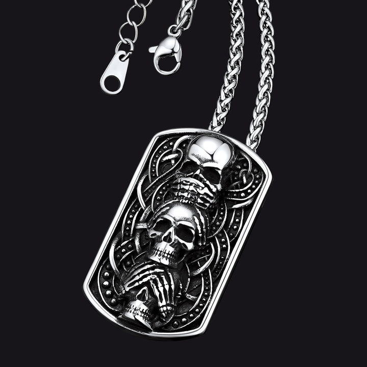 See No Evil, Hear No Evil, Speak No Evil Skulls Dog Tag Necklace for Men