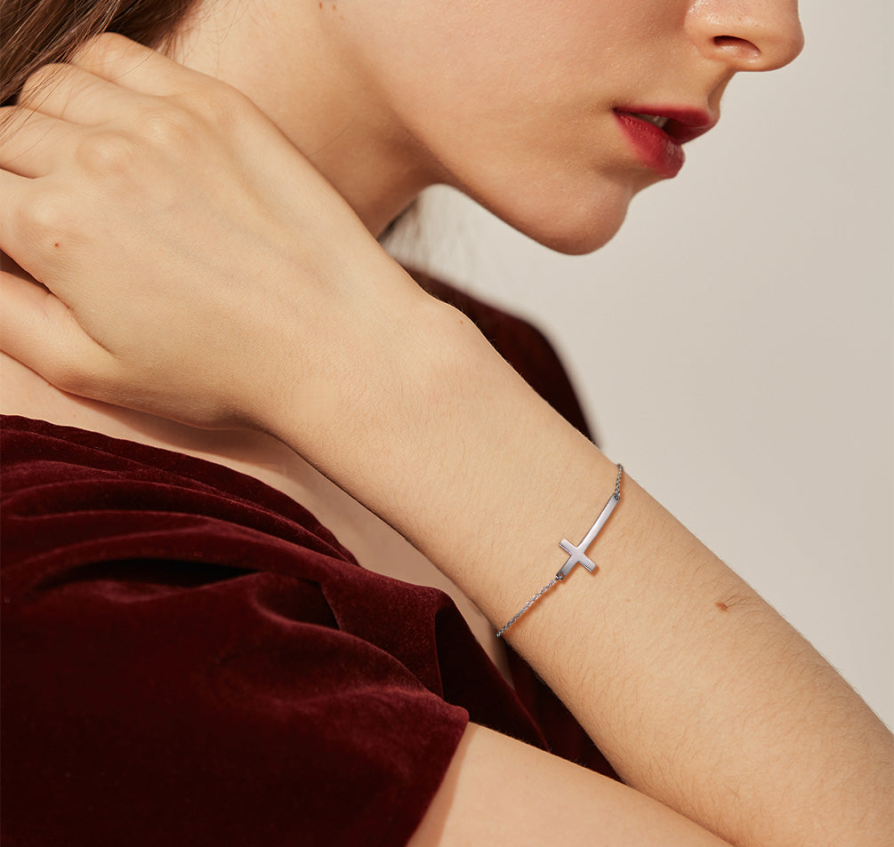 Sterling Silver Sideways Cross Bracelet For Men/Women
