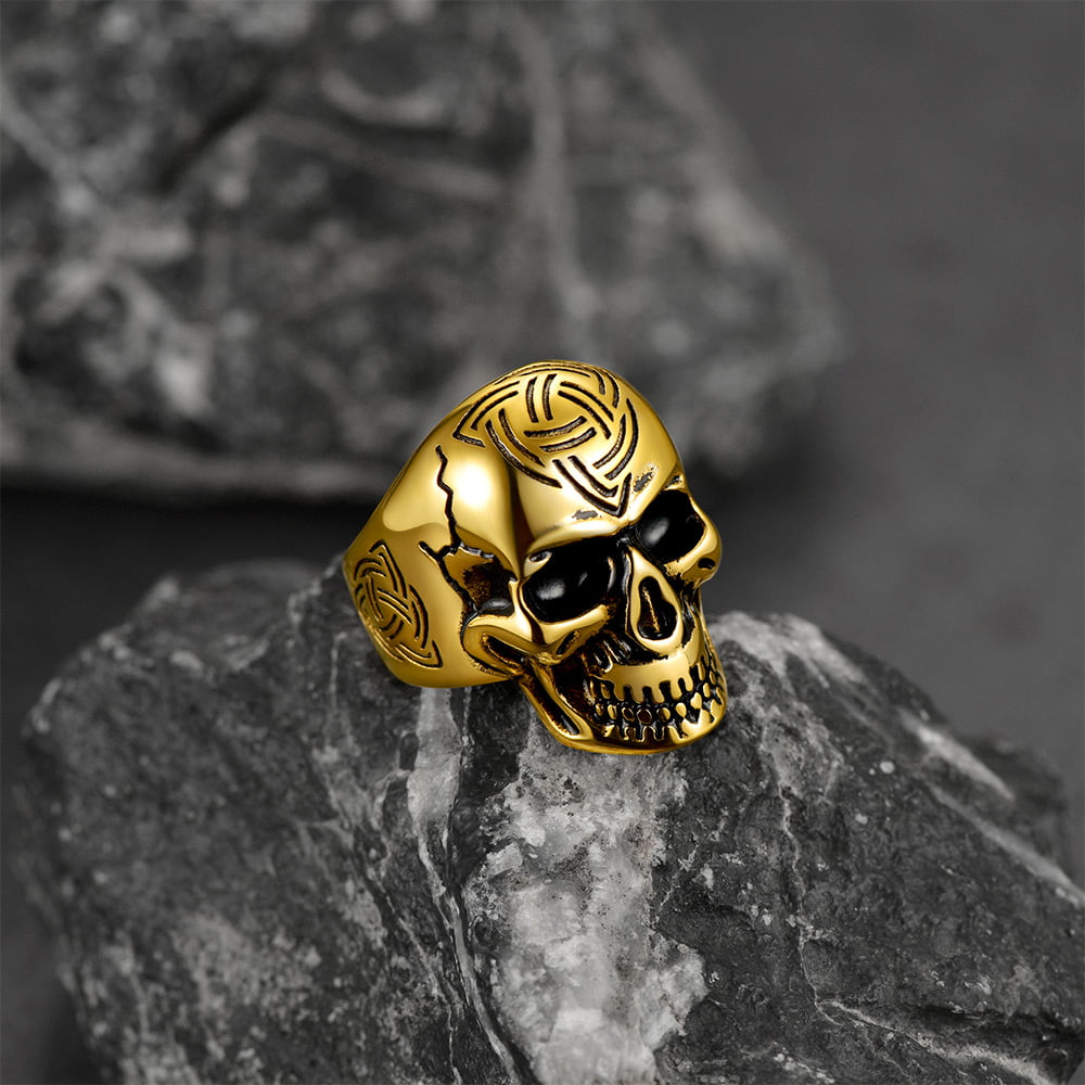 Gothic Skull Ring For Men With Viking Celtic Triquetra