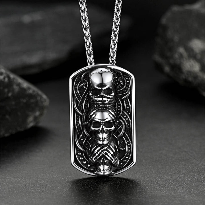 See No Evil, Hear No Evil, Speak No Evil Skulls Dog Tag Necklace for Men
