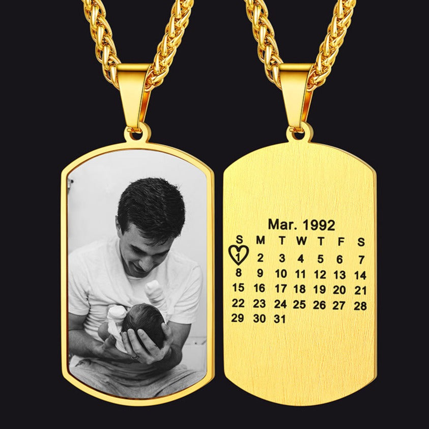 Customized Picture Dog Tag Necklace with Calendar Memorial Gift for Men