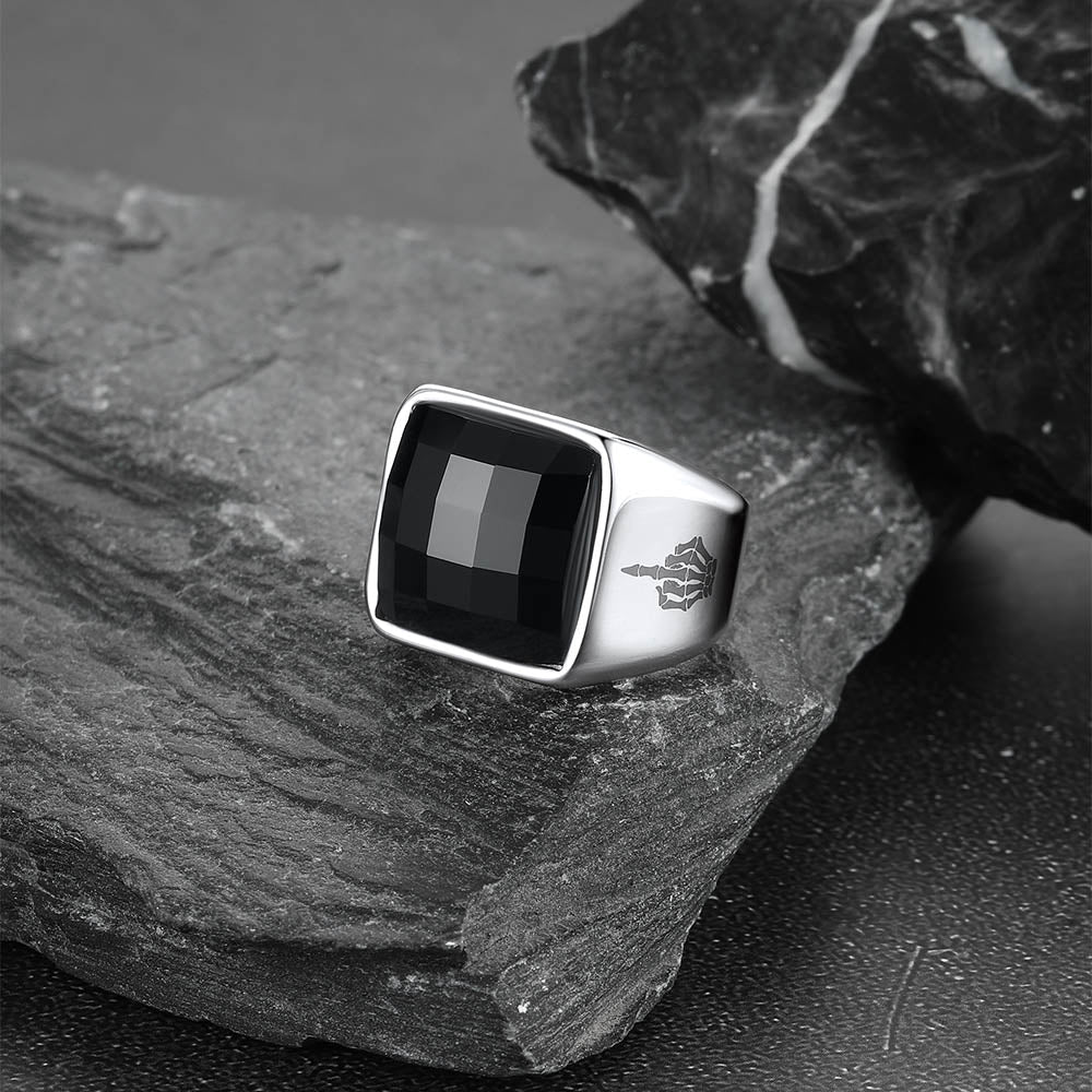 Engraved Black Onyx Signet Ring for Men Stainless Steel