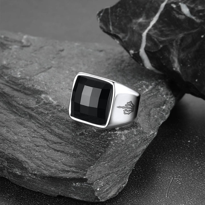 Engraved Black Onyx Signet Ring for Men Stainless Steel