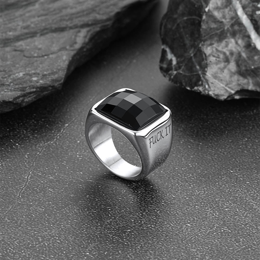 Engraved Black Onyx Signet Ring for Men Stainless Steel