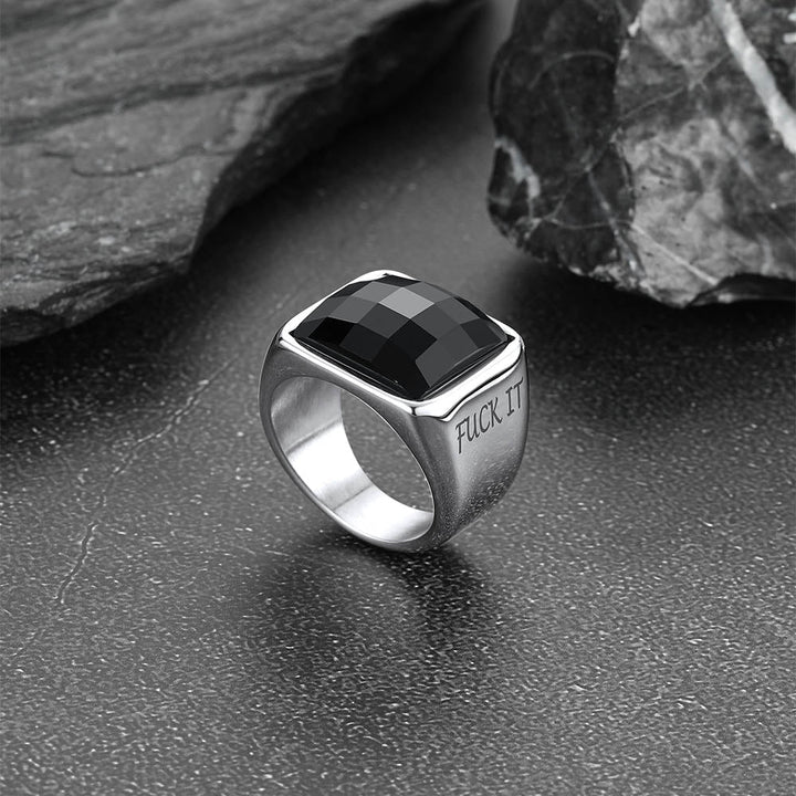 Engraved Black Onyx Signet Ring for Men Stainless Steel