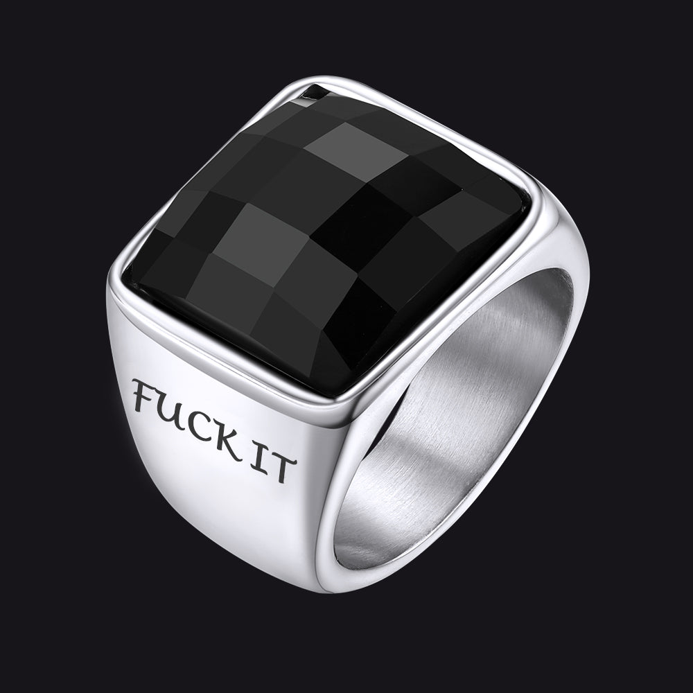 Engraved Black Onyx Signet Ring for Men Stainless Steel