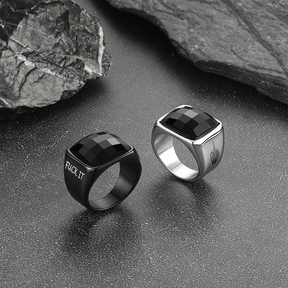 Engraved Black Onyx Signet Ring for Men Stainless Steel