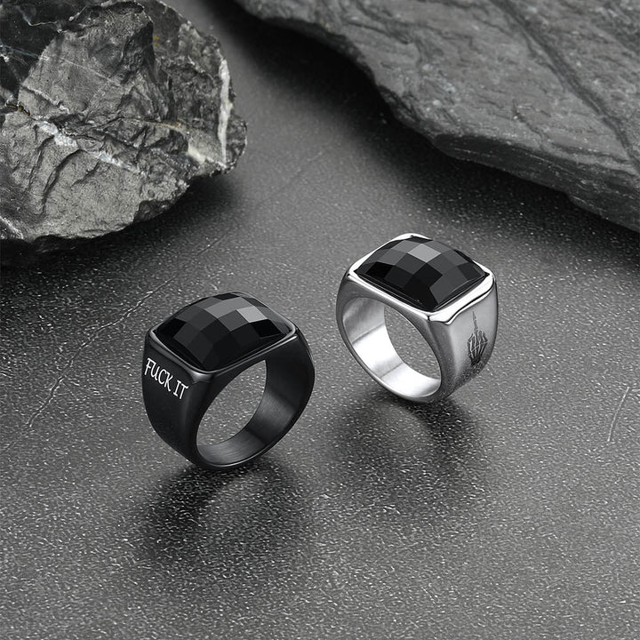Engraved Black Onyx Signet Ring for Men Stainless Steel