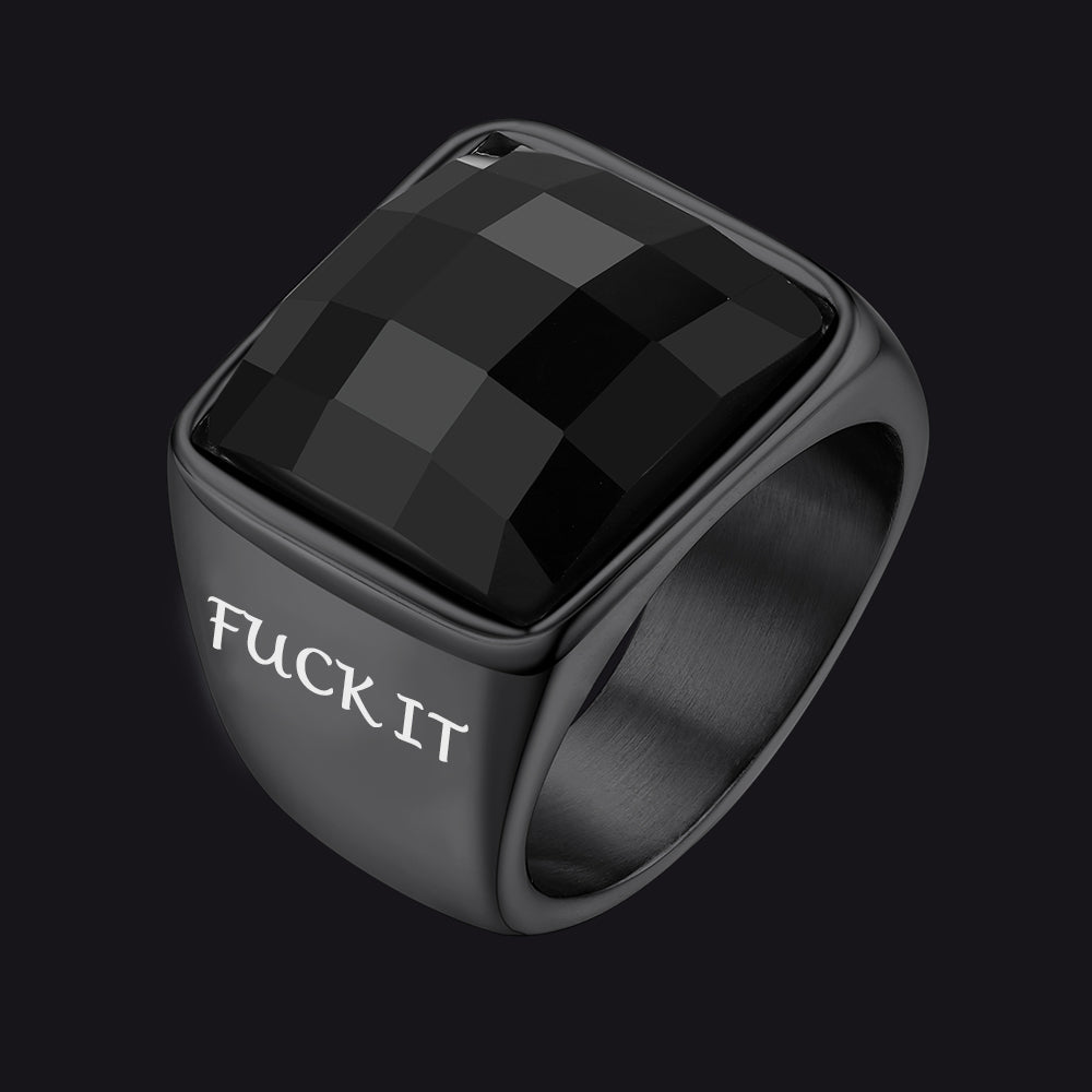 Engraved Black Onyx Signet Ring for Men Stainless Steel
