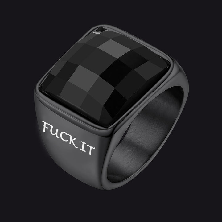 Engraved Black Onyx Signet Ring for Men Stainless Steel