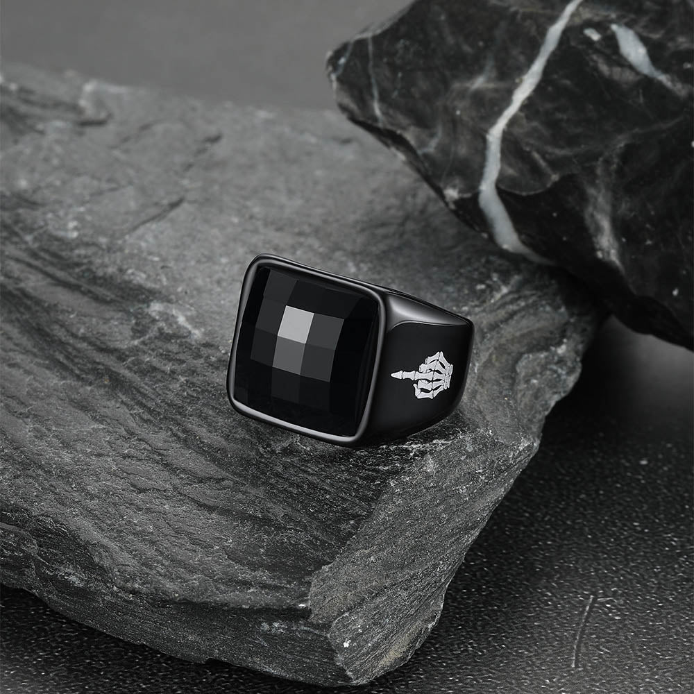 Engraved Black Onyx Signet Ring for Men Stainless Steel