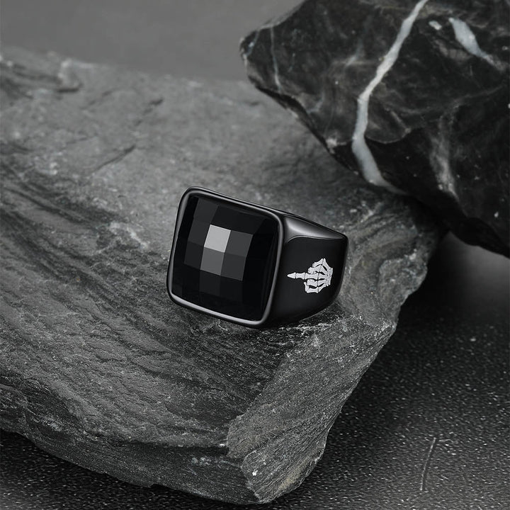 Engraved Black Onyx Signet Ring for Men Stainless Steel