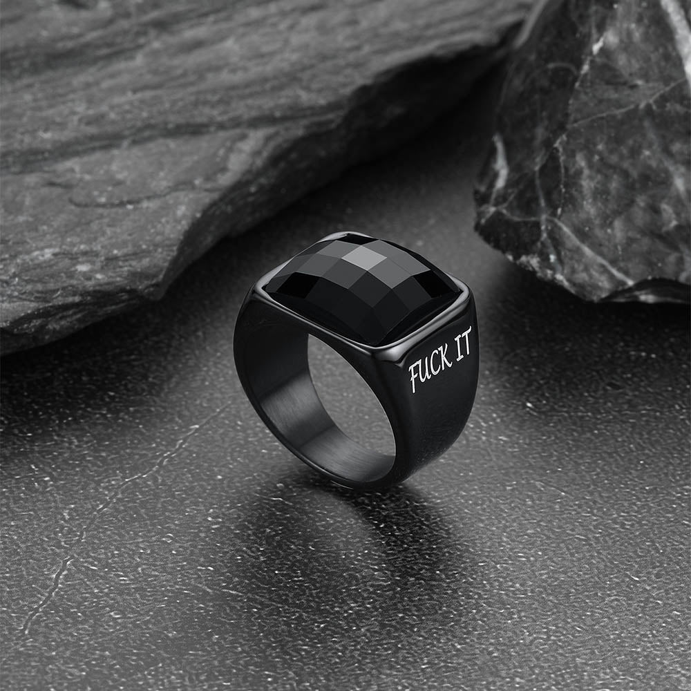 Engraved Black Onyx Signet Ring for Men Stainless Steel