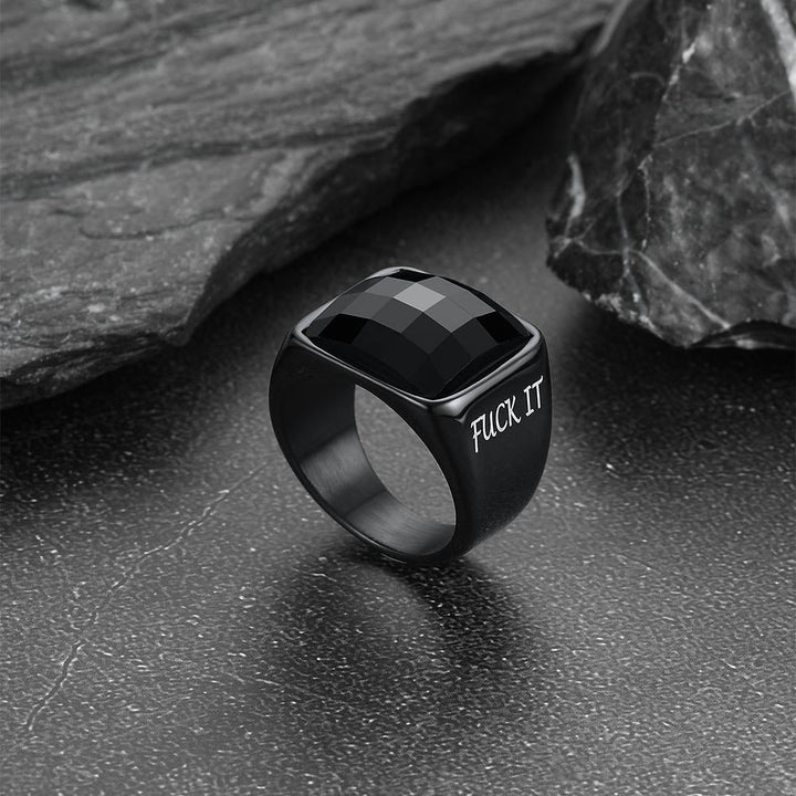 Engraved Black Onyx Signet Ring for Men Stainless Steel