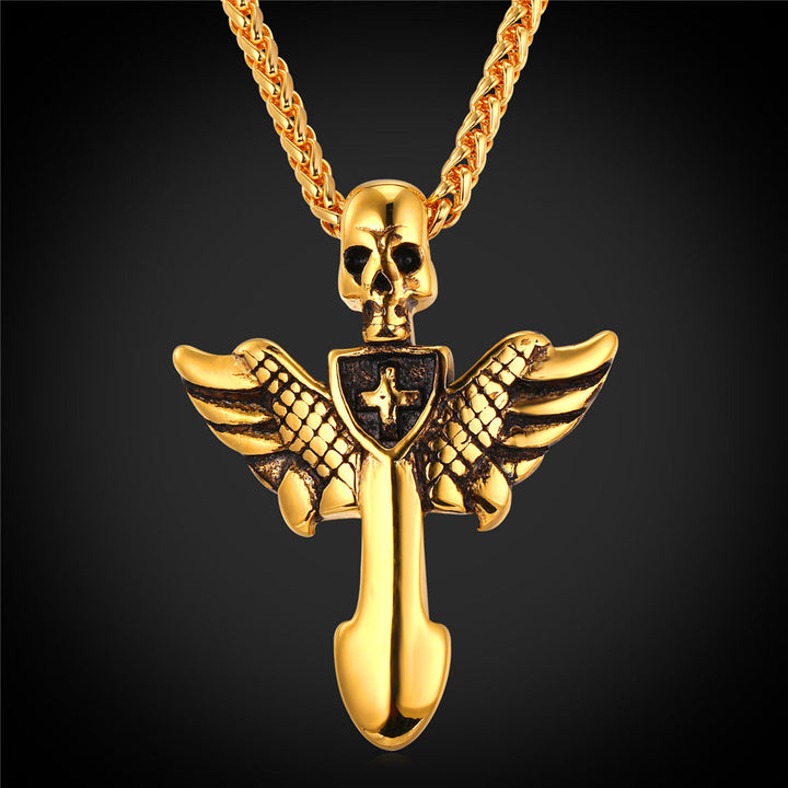Gothic Skull Cross Necklace with Wing For Men