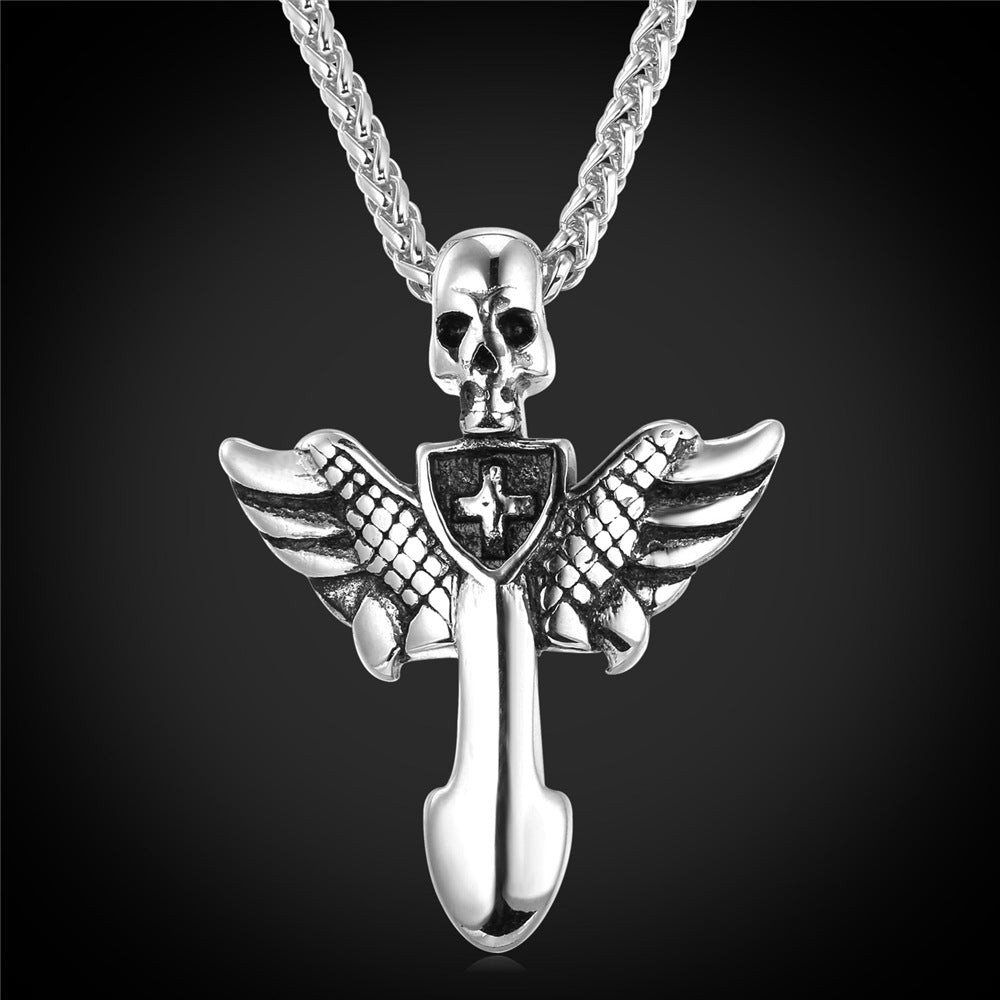 Gothic Skull Cross Necklace with Wing For Men