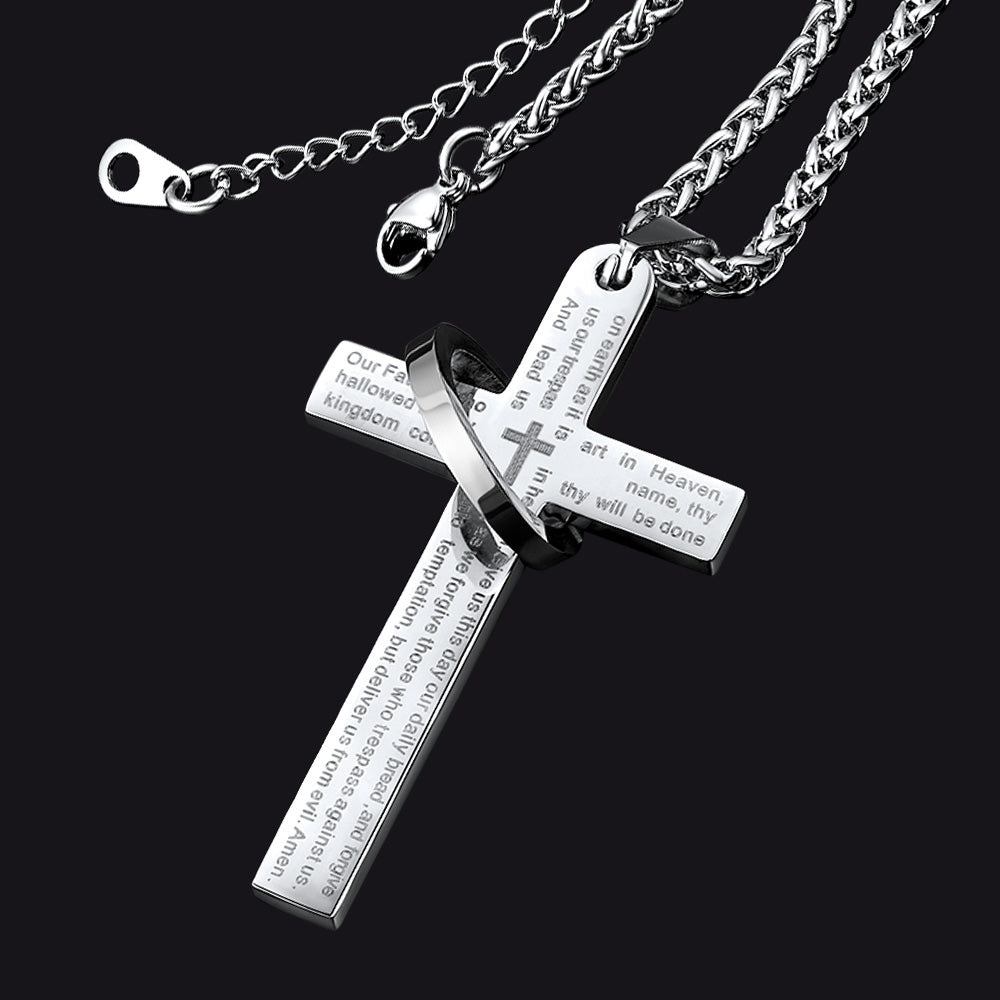 Lord's Prayer Cross Necklace With Halo Ring For Men