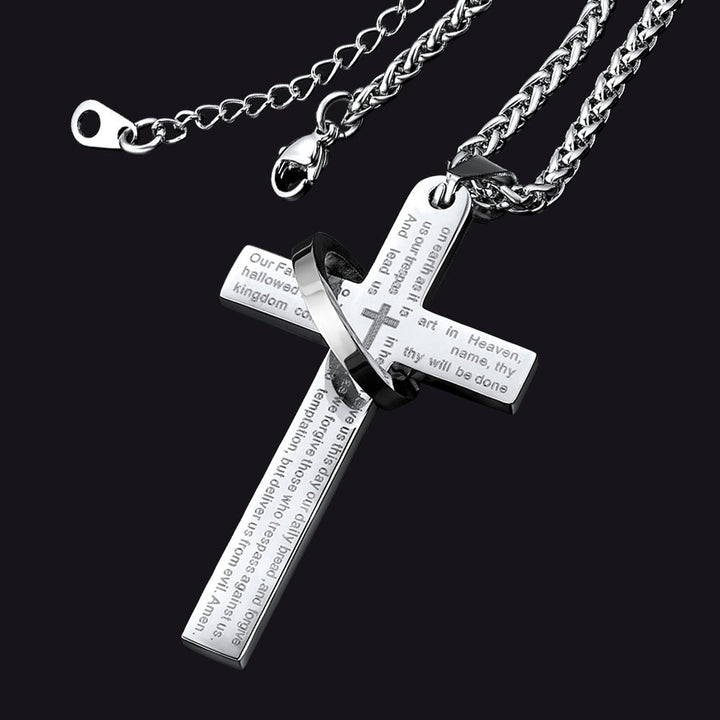 Lord's Prayer Cross Necklace With Halo Ring For Men