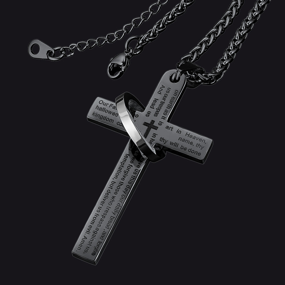 Lord's Prayer Cross Necklace With Halo Ring For Men