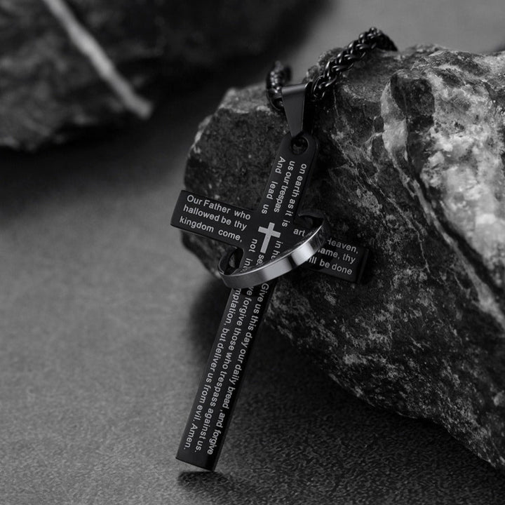 Lord's Prayer Cross Necklace With Halo Ring For Men