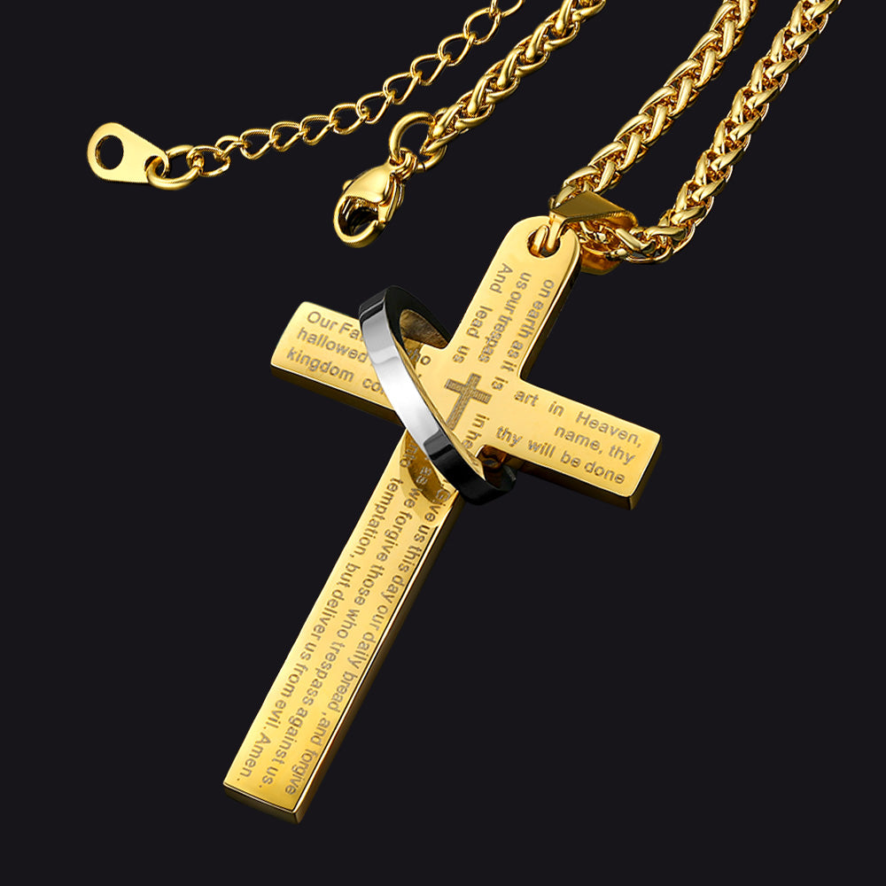 Lord's Prayer Cross Necklace With Halo Ring For Men