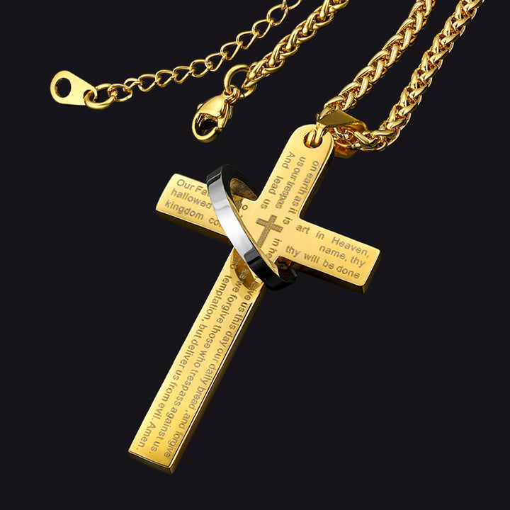 Lord's Prayer Cross Necklace With Halo Ring For Men