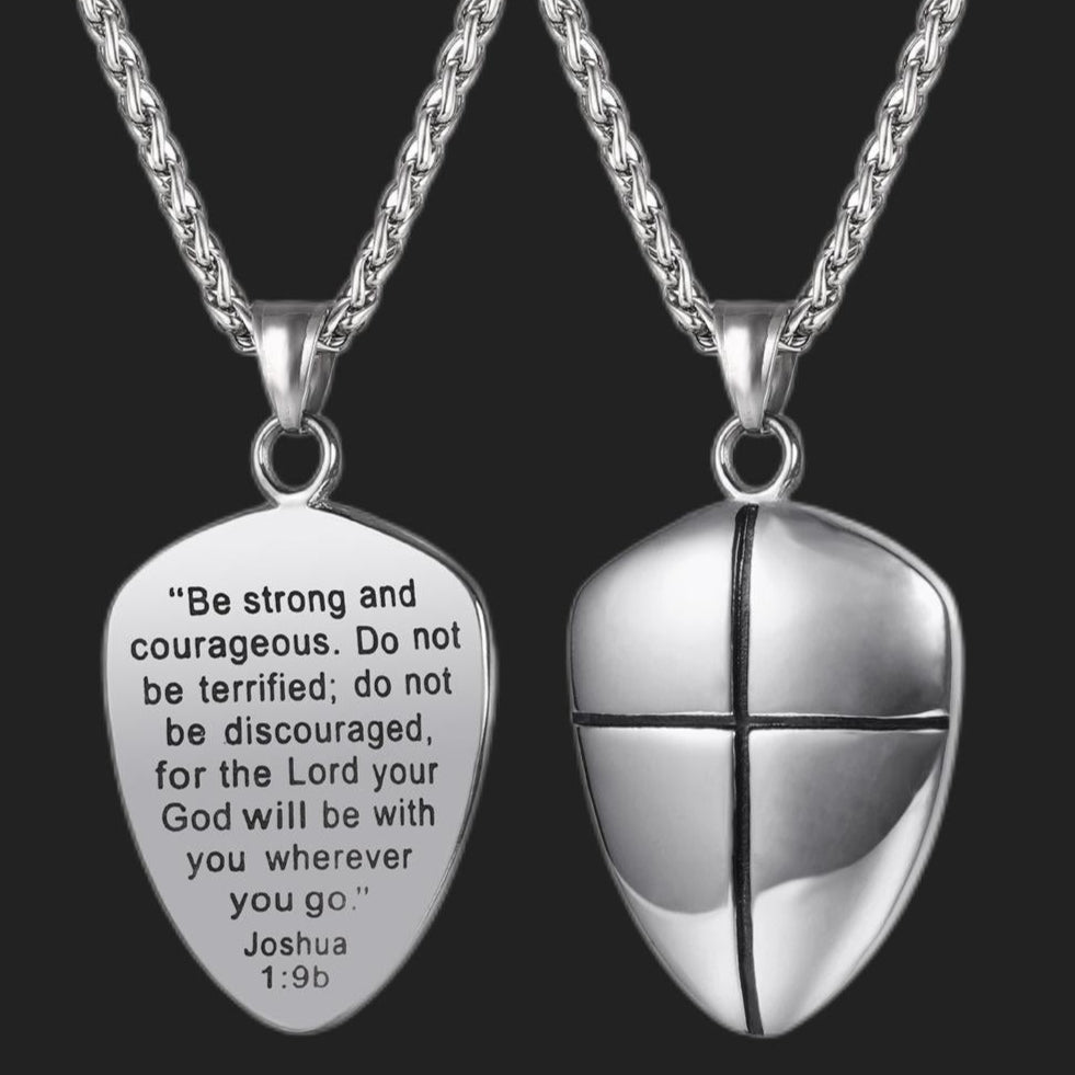 Christian Cross Joshua 1:9 Shield Necklace For Men