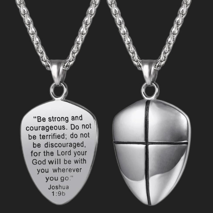 Christian Cross Joshua 1:9 Shield Necklace For Men