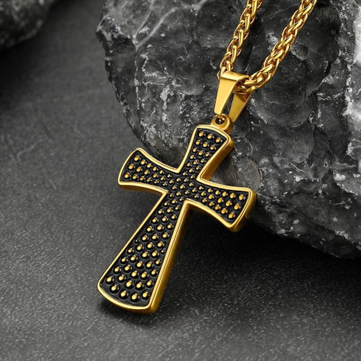 Thick Christ Simple Cross Necklace with Black Enamel Dots