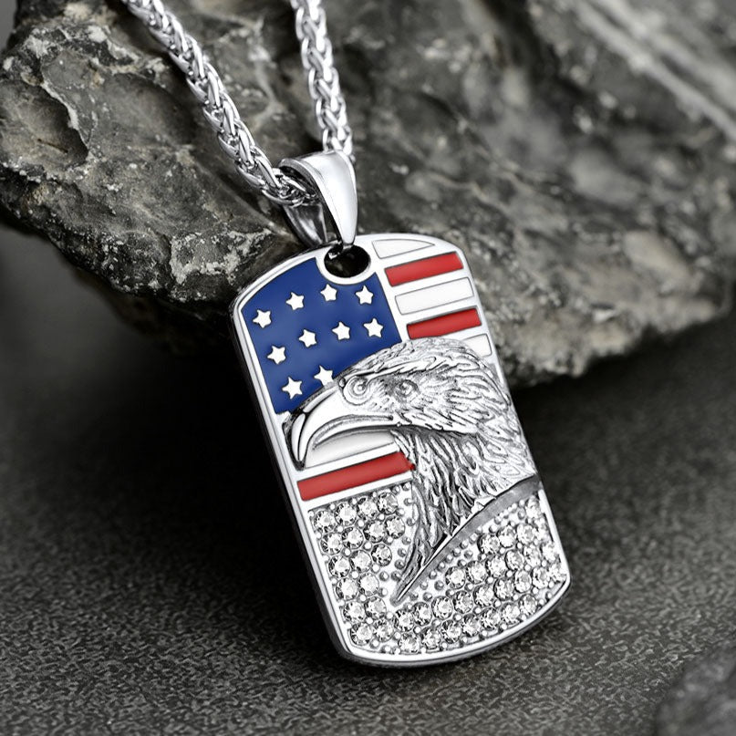 Engraved American Flag Eagle Dog Tag Necklace for Men Women
