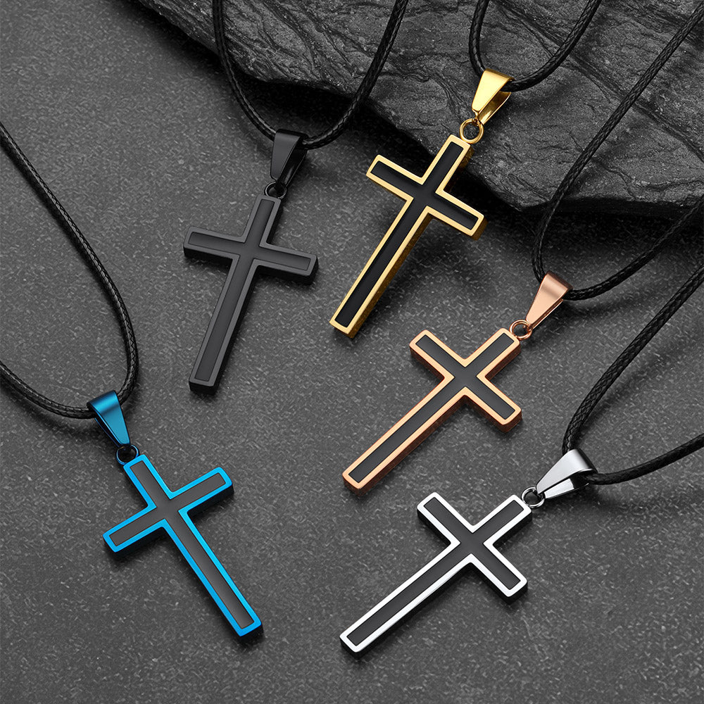 Christian Black Enamel Cross Necklace with Braided Leather Chain for Men