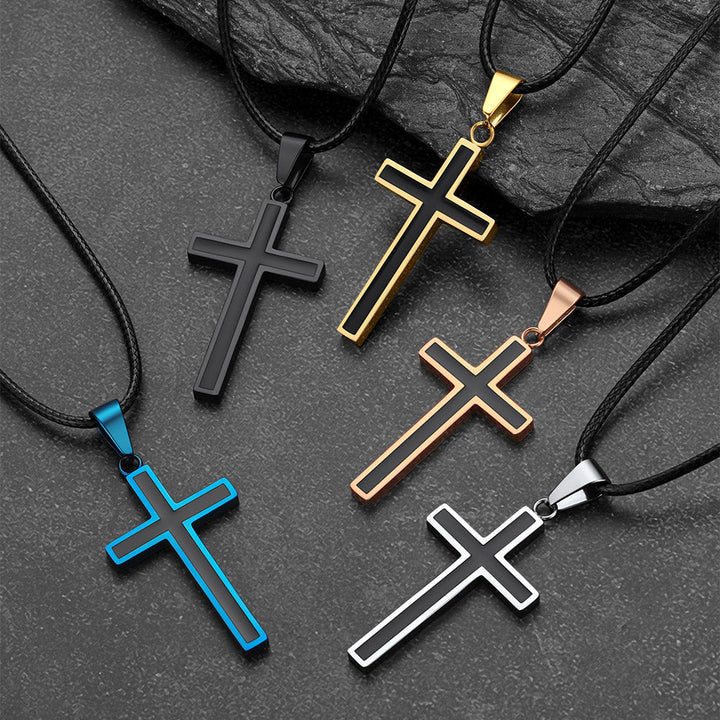 Christian Black Enamel Cross Necklace with Braided Leather Chain for Men