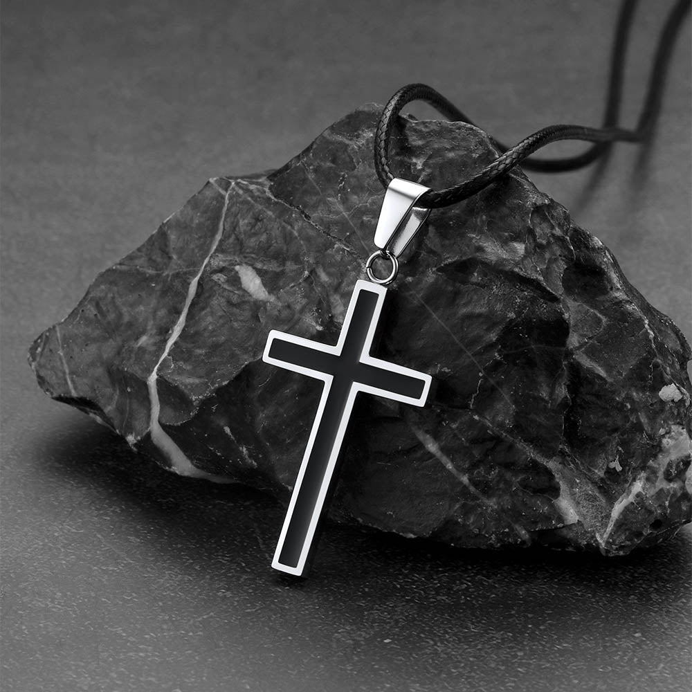Christian Black Enamel Cross Necklace with Braided Leather Chain for Men