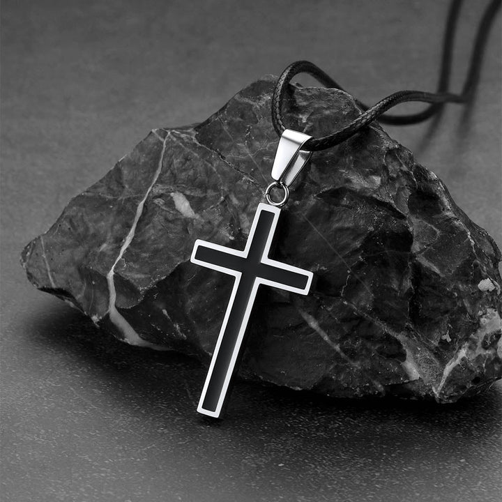Christian Black Enamel Cross Necklace with Braided Leather Chain for Men