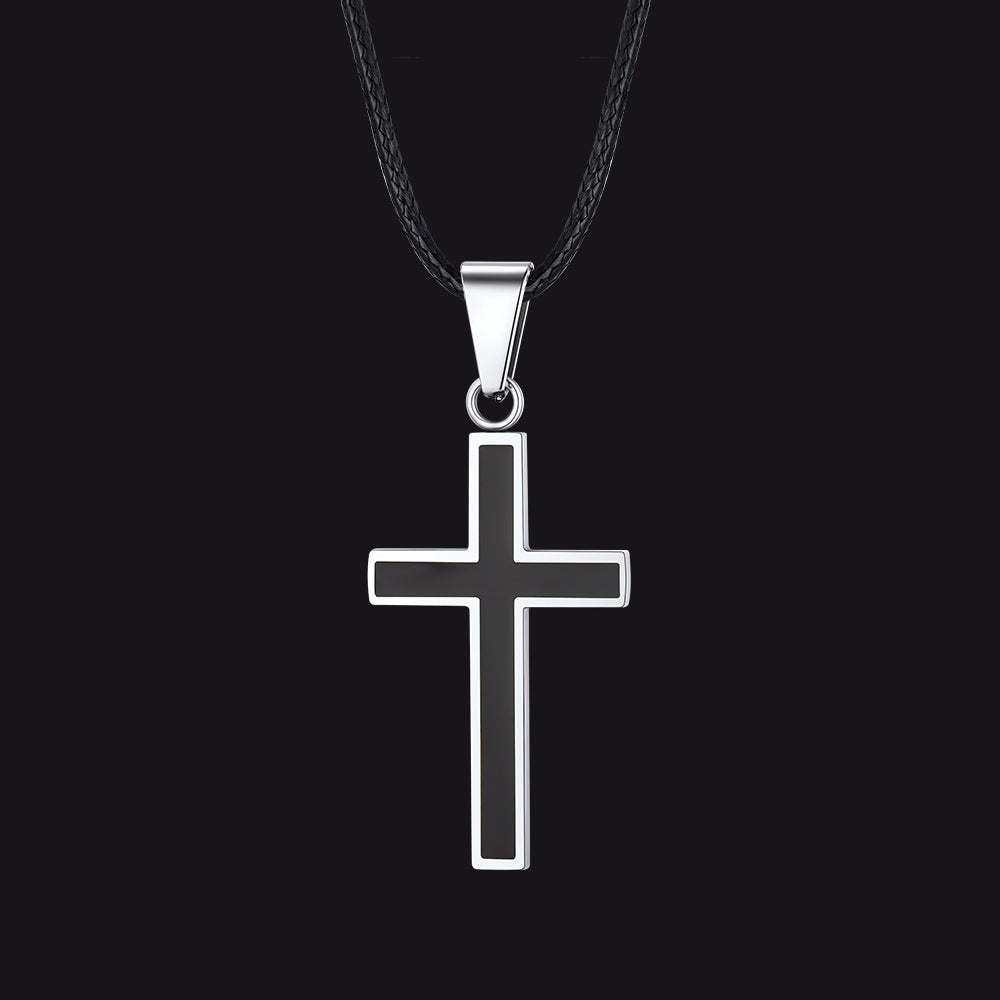 Christian Black Enamel Cross Necklace with Braided Leather Chain for Men