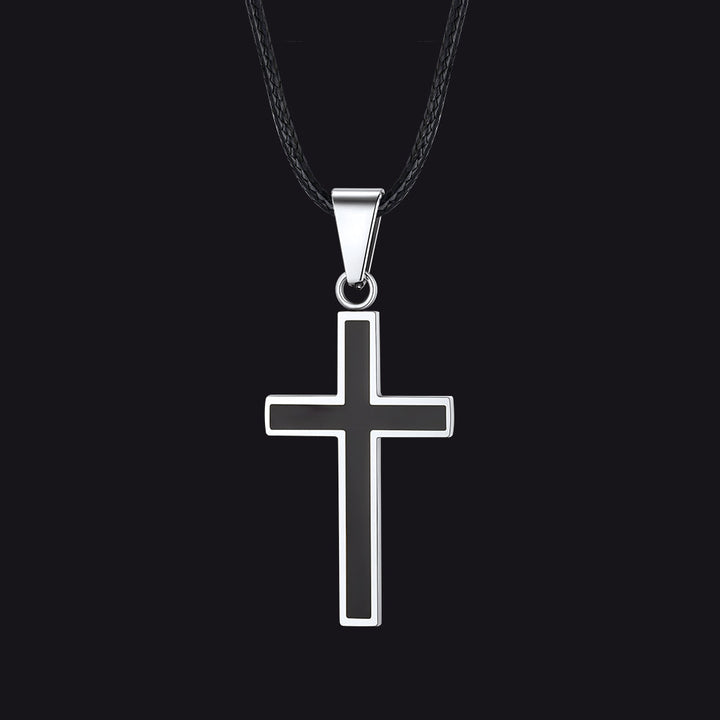 Christian Black Enamel Cross Necklace with Braided Leather Chain for Men