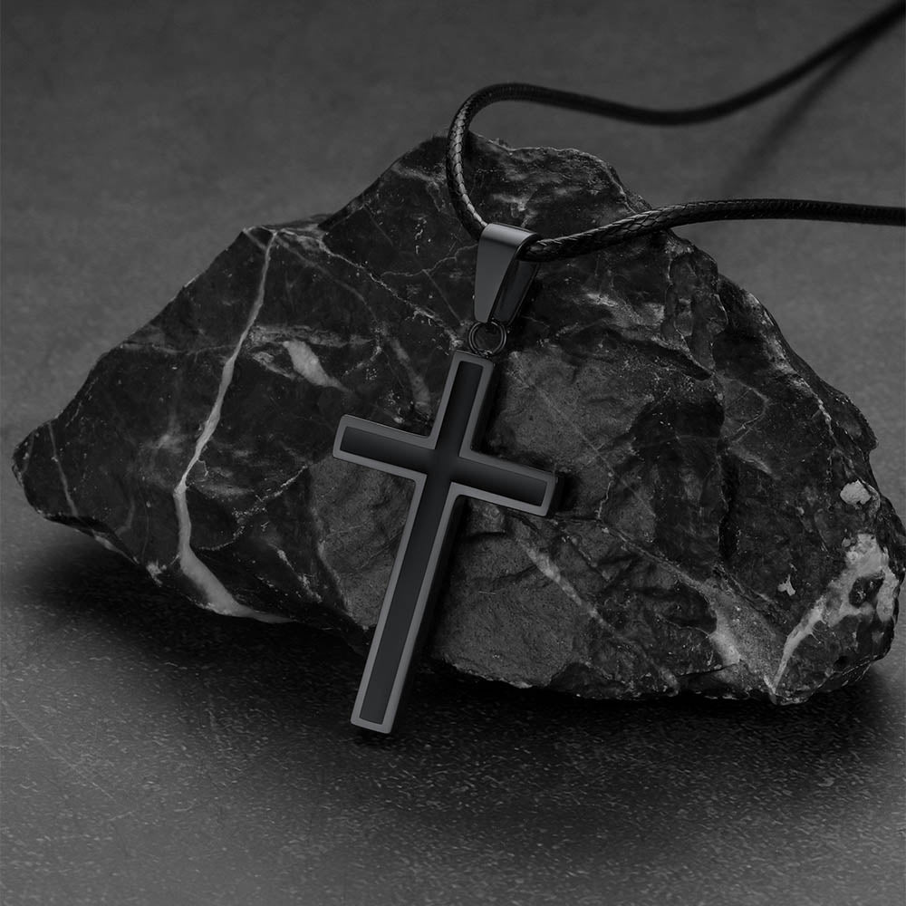 Christian Black Enamel Cross Necklace with Braided Leather Chain for Men