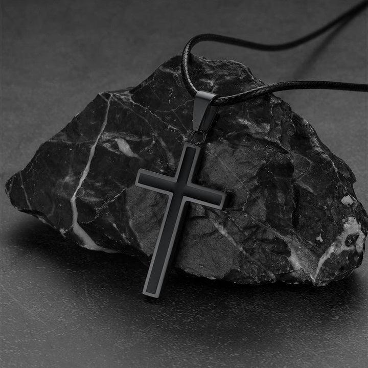 Christian Black Enamel Cross Necklace with Braided Leather Chain for Men