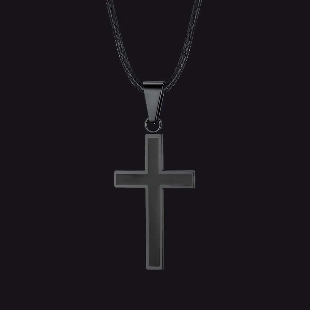 Christian Black Enamel Cross Necklace with Braided Leather Chain for Men