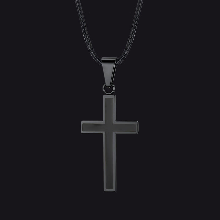 Christian Black Enamel Cross Necklace with Braided Leather Chain for Men