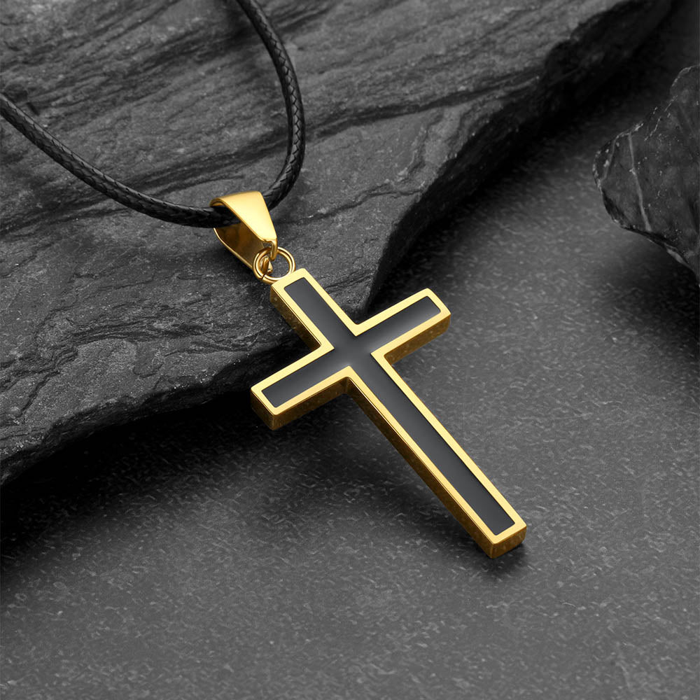 Christian Black Enamel Cross Necklace with Braided Leather Chain for Men
