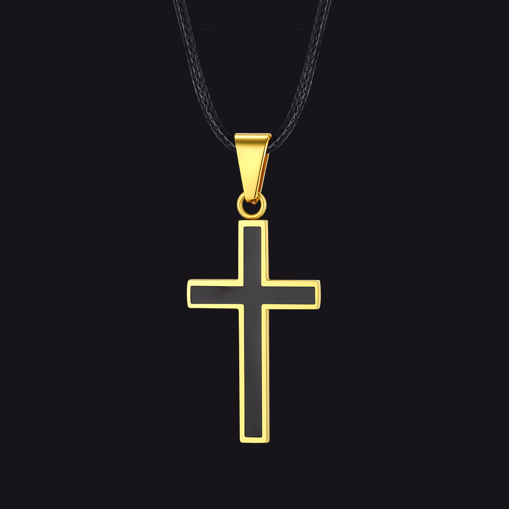 Christian Black Enamel Cross Necklace with Braided Leather Chain for Men