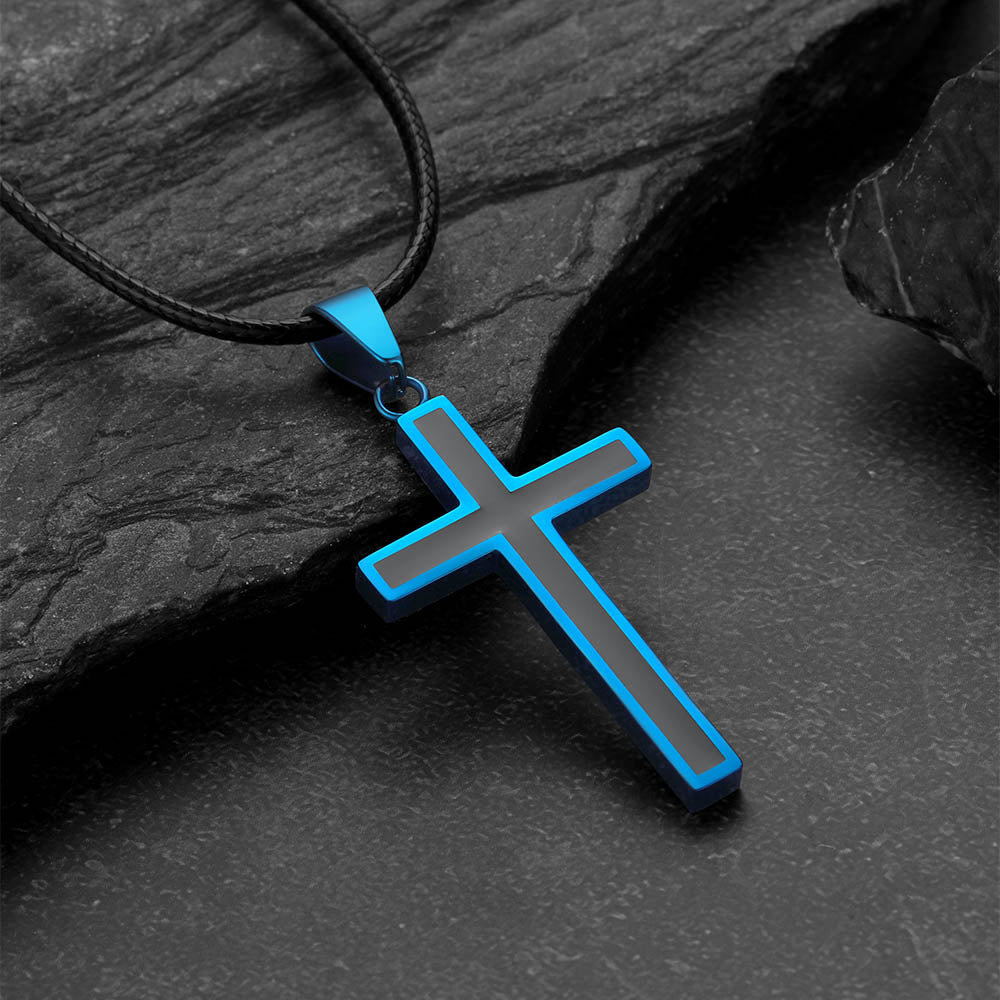 Christian Black Enamel Cross Necklace with Braided Leather Chain for Men